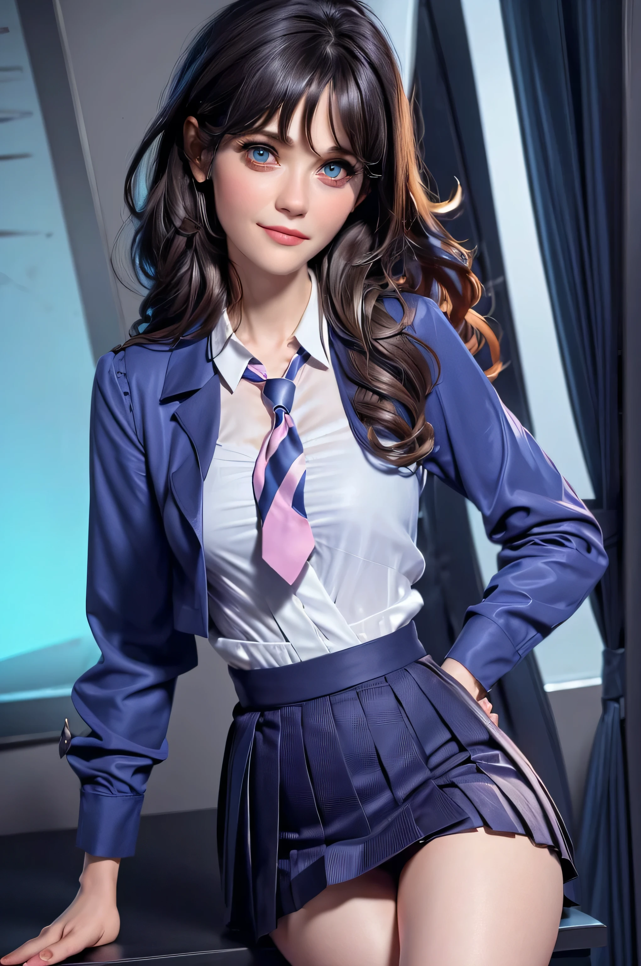 Zooey Deschanel, age 16, gynoid physique, (solo:1.1), zooey deschanel, perfect face, (((night color skirt suit))), (((pleated school miniskirt))), (((night color jacket))), (((silk necktie))), windsor necktie, (((white shirt))), cup size E, (((night color miniskirt with 1 horizontal golden stripe))), solo focus, fully clothed, smartly dressed, smiling, careless styling, medium length hair, dark blue hair, bright eyes blue like the sky, beatiful detailed eyes，bright pupils，（Very fine and beautiful），（Beautiful and detailed eye description), [[delicate fingers and hands:0.55]::0.85], (detail of fingers), facing at camera, (Background with：school corridor，mystic atmosphere), (illustration, cartoon, masterpiece, highly detailed, best qualtiy，cinematic lighting，muted colors, detailed background, A high resolution)