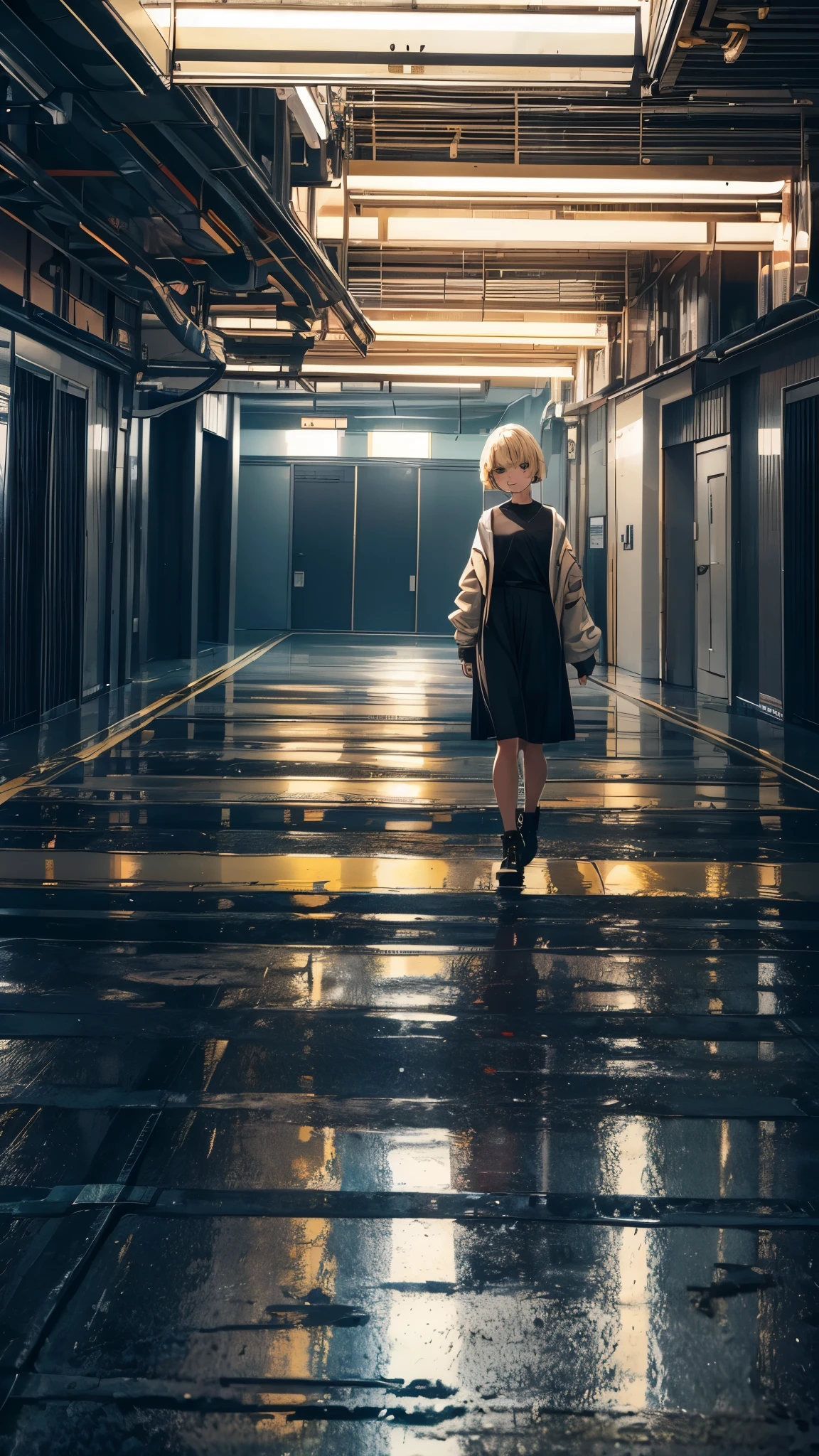 (best quality,4k,highres,ultra-detailed,realistic:1.2) inside the empty parking yellowed wallpaper and yellow carpet,the parking with no lights and no doors,((one 20years old woman,blonde short hair)),walking in the parking 