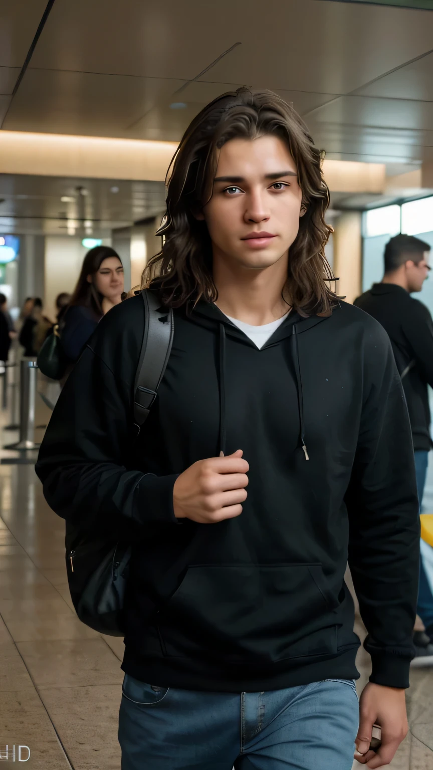 (8k, RAW photo, best quality, masterpiece:1.2), (realistic, photo-realistic:1.37), ultra-detailed, masterpiece HDR high quality Picture a young boy, , handsome man, long black messy hair to his shoulder, sharp eyes, blue hoodie, walking on the airport, caryinf backpack, expressing a sense of perplexity and curiosity, with a touch of humor, creating a warm and relaxed atmosphere, captured in high resolution (best quality, 4k), with ultra-detailed features, realistic colors, and a touch of bokeh, reminiscent of a candid snapshot.