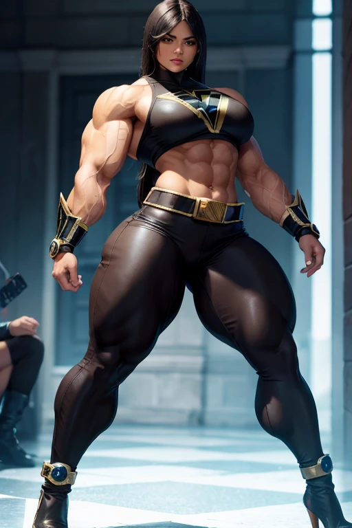 ((((Massive, beautiful, buff, light brown skinned muscular woman with black hair, ginormous bulky muscles and wearing a black power ranger costume with tight pants)))), close view, (massive muscle), (massive biceps), (straight long hair), orange eyes, hero gloves, spiked gauntlets, high heels boots, city, at night, confident smile