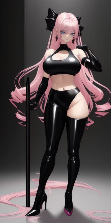 Beautiful woman,1个Giant Breast Girl,pink haired woman,Fighting posture,black pantyhoses,black glove,Sports bra,jewely,shorter pants,J thighs。Pink hair,drill bit,Asymmetrical hair,Wear gold and silver(work of art), (masterpiece), (best quality), a, (blue eyes), wearing nothing, brightly lit night city background, red bow, flowing hair , butts , full figure head to toes , standing beside poles ,, beautiful cute smile, wearing black leather shoes, heels shoes pink black color
