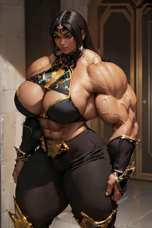 ((((Massive, beautiful, buff, light brown skinned muscular woman with black hair, ginormous bulky muscles and wearing a black power ranger costume with tight pants)))), close view, (massive muscle), (massive biceps), (straight long hair), orange eyes, hero gloves, spiked gauntlets, high heels boots, city, at night, confident smile