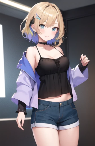 (masterpiece:1.3),((High resolution)),((high quality)),((Super detailed))、One girl、Perfect balance、Perfect Face、Detailed face、Cute face、Beautiful detailed eyes、Expressive eyes、Cute eyes、Shiny eyes、Perfect body、Beautiful body, Kokunoa, Medium Hair, Multicolored Hair, Hair Clip, Cleavage, Black camisole, Blue jacket, (Striped jacket:1.1), Long sleeve, Sleeves are longer than the wrist, belly button, Shorts, indoor, smile, Are standing, Cowboy Shot,