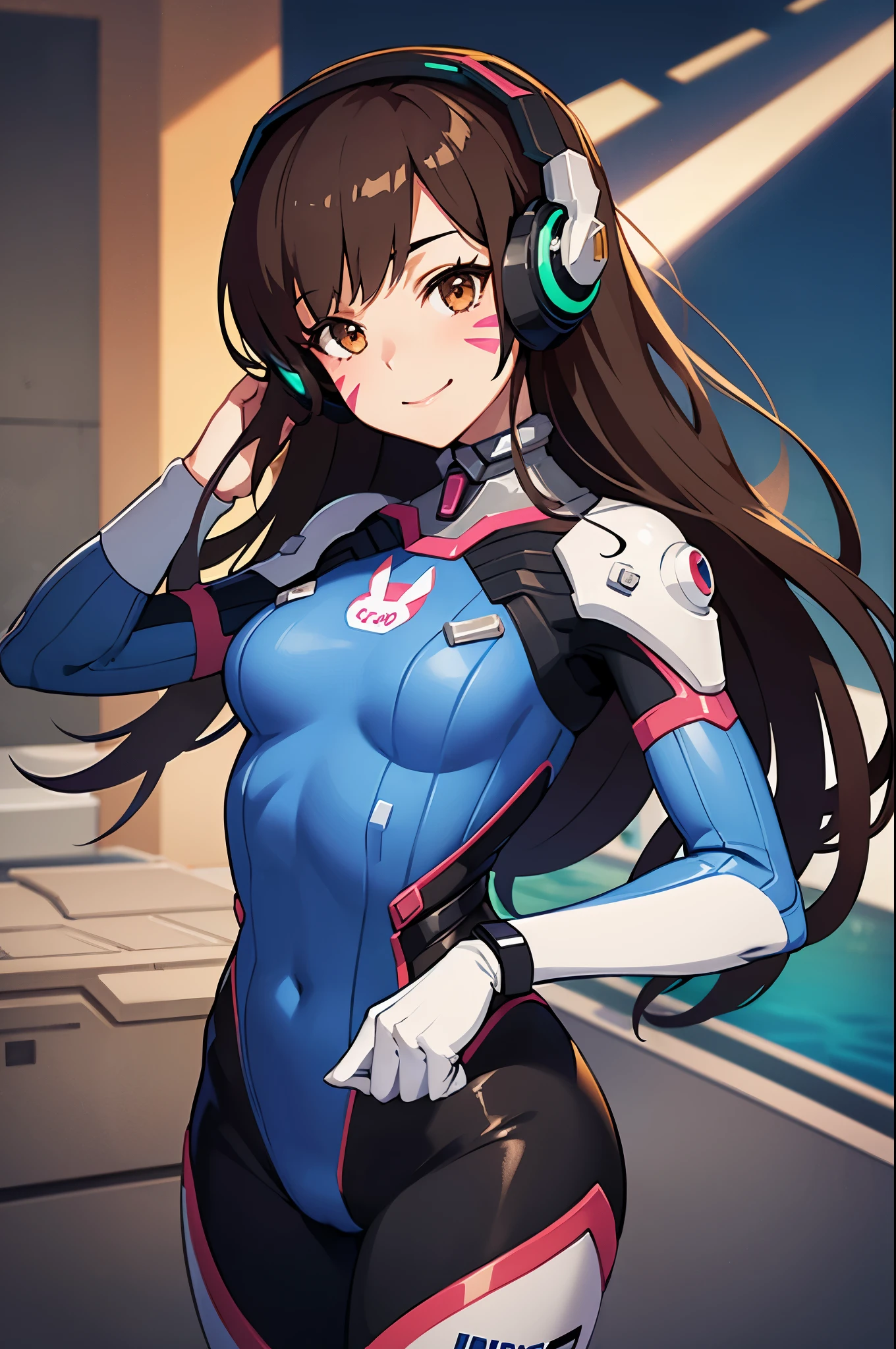 (masterpiece, best quality:1.2), expressive eyes, perfect face, highres, 1girl, solo, aahana, long hair, brown hair, headphones, whisker markings, shoulder pads, blue bodysuit, ribbed bodysuit, animal print, clothes writing, long sleeves, white gloves, smiling, standing, cowboy shot, looking at the viewer