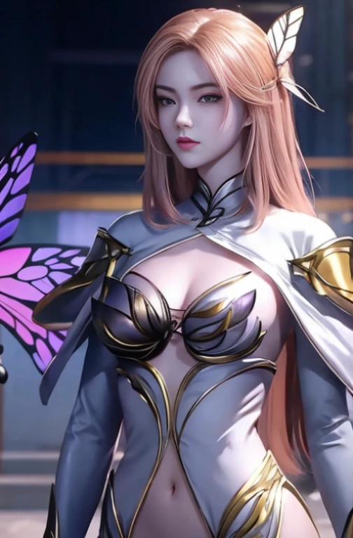1 girl, alone, Yao Liu, Wide hips, (Large Breasts:1.2),Long hair, (looking at the audience:1.2), Natural Lighting, fantasy, Dreamlike, illusory, Science fiction, detail, Beautiful Pattern, charming, Tempting, enchanting,  Hair accessories, Divine Physician, whole body, Dream, purple butterfly, Glowing Butterfly, 性感posture, night, (neon butterfly:1.1), purple neon butterfly,  性感posture, armpit, posture，show navel
