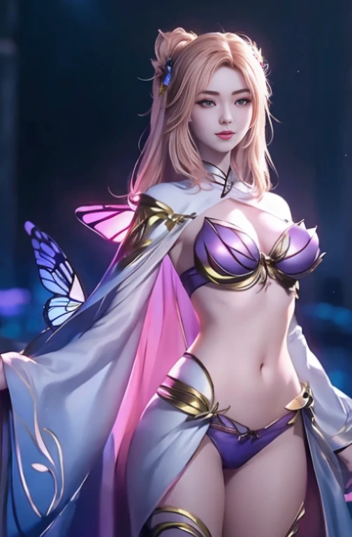 1 girl, alone, Yao Liu, Wide hips, (Large Breasts:1.2),Long hair, (looking at the audience:1.2), Natural Lighting, fantasy, Dreamlike, illusory, Science fiction, detail, Beautiful Pattern, charming, Tempting, enchanting, Hair accessories, Divine Physician, whole body, Dream, purple butterfly, Glowing Butterfly, 性感posture, night, (neon butterfly:1.1), purple neon butterfly, 性感posture, armpit, posture,show navel