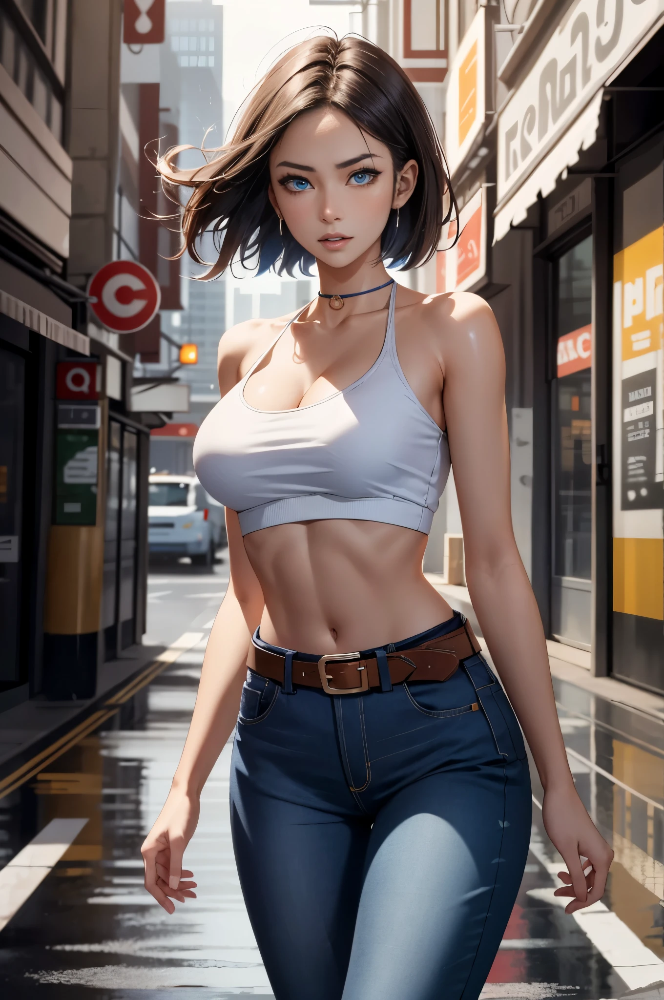 maryms, Best Quality,(beauty), 1girl,phisically-based render ,ultra highres,(cowboy shot:1.5),narrow waist, skinny, LeonaMS , big blue eyes,long legs,jeans,leather belt,big breasts,puffy eyes, leather belt,(rainy city), shiny skin, facing viewer, excited to fight