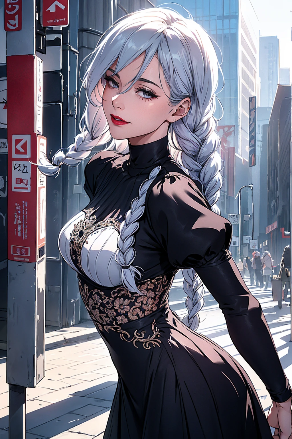 ultra realistic 8k cg, masterpiece, ((ultra detailed background, delicate pattern, intricate detail)), (highly detailed, fine details), best quality, 1girl, (photorealistic:1.4),beautiful lighting, absurdres, RAW photo, film grain, ((medium breasts, slim girl)), 1girl, MeiMei, solo, long hair, braid, dress, hair over one eye, smile, long sleeves, braided bangs, black dress, braided ponytail, white hair, puffy sleeves, holding, turtleneck dress, makeup, grey hair, red lips, one eye covered, lipstick, parted lips, single braid, (complex detailed background, outside, urban environment, cowboy shot, from behind),
