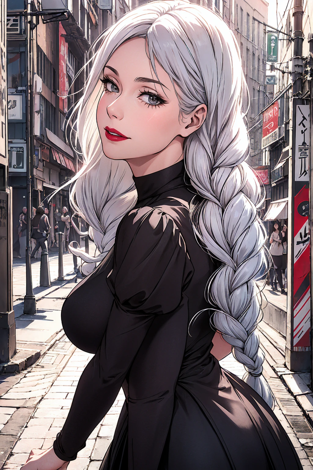 ultra realistic 8k cg, masterpiece, ((ultra detailed background, delicate pattern, intricate detail)), (highly detailed, fine details), best quality, 1girl, (photorealistic:1.4),beautiful lighting, absurdres, RAW photo, film grain, ((medium breasts, slim girl)), 1girl, MeiMei, solo, long hair, braid, dress, hair over one eye, smile, long sleeves, braided bangs, black dress, braided ponytail, white hair, puffy sleeves, holding, turtleneck dress, makeup, grey hair, red lips, one eye covered, lipstick, parted lips, single braid, (complex detailed background, outside, urban environment, cowboy shot, from behind),