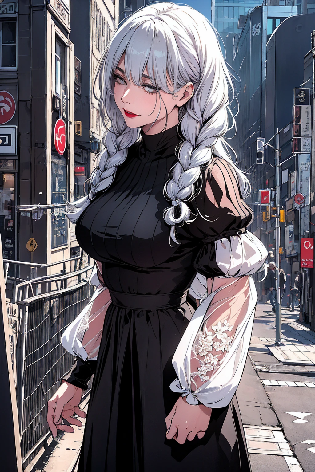 ultra realistic 8k cg, masterpiece, ((ultra detailed background, delicate pattern, intricate detail)), (highly detailed, fine details), best quality, 1girl, (photorealistic:1.4),beautiful lighting,  absurdres, RAW photo, film grain, ((medium breasts, slim girl)), 1girl, MeiMei, solo, long hair, braid, dress, hair over one eye, smile, long sleeves, braided bangs, black dress, braided ponytail, white hair, puffy sleeves, holding, turtleneck dress, makeup, grey hair, red lips, one eye covered, lipstick, parted lips, single braid, (complex detailed background, outside, urban environment, cowboy shot, from behind),