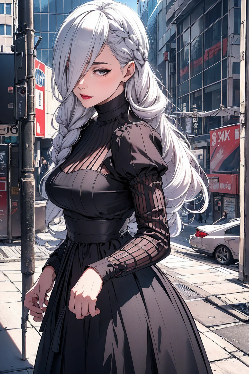 ultra realistic 8k cg, masterpiece, ((ultra detailed background, delicate pattern, intricate detail)), (highly detailed, fine details), best quality, 1girl, (photorealistic:1.4),beautiful lighting,  absurdres, RAW photo, film grain, ((medium breasts, slim girl)), 1girl, MeiMei, solo, long hair, braid, dress, hair over one eye, smile, long sleeves, braided bangs, black dress, braided ponytail, white hair, puffy sleeves, holding, turtleneck dress, makeup, grey hair, red lips, one eye covered, lipstick, parted lips, single braid, (complex detailed background, outside, urban environment, cowboy shot, from behind),