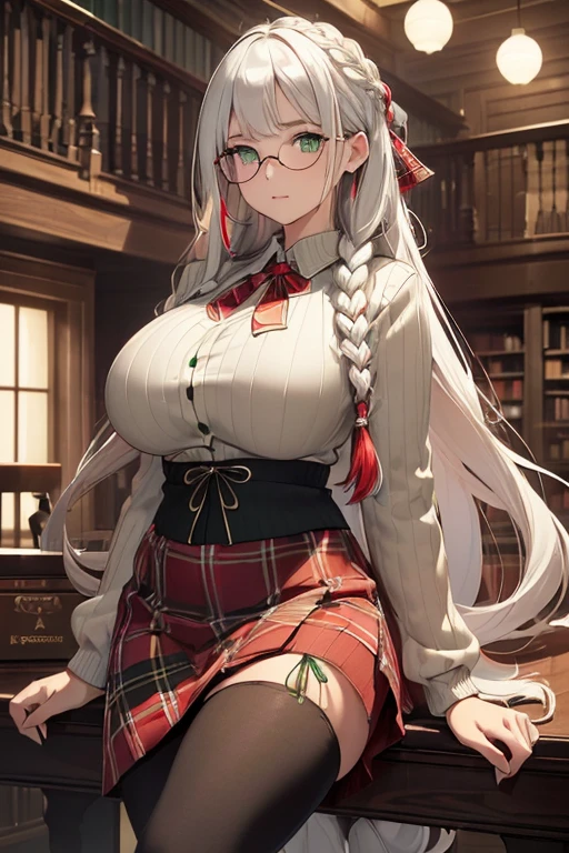 ((masterpiece)), (best quality:1.7), (detailed:1.4), (high res:1.4), 8k, (colorful:1.5), high resolution, sharped image, 4k, hd, (beautiful detailed background:1.2), (beautiful lighting:1.2), (highly detailed:1.2), perfect lighting, (8k wallpaper:1.2), (highly detailed:1.2), (extremely detailed CG:1.2), (((only white gray very long straight hair with two braid front bangs with red ribbon ties))), (only white hair), ((large full chest)), (((very busty))), curvy figure, (((light green eyes))), (beige loose ribbed sweater)), ((red plaid pattern skirt with black full length leggings)), ((big circle glasses)), library, mature, older, human adult, tall, fullbody