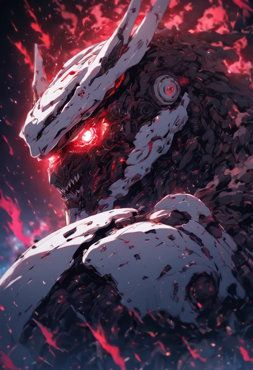 Robot monster ,Horror , white color robot , covered in blood ,Smart lighting, aesthetic, cinematic