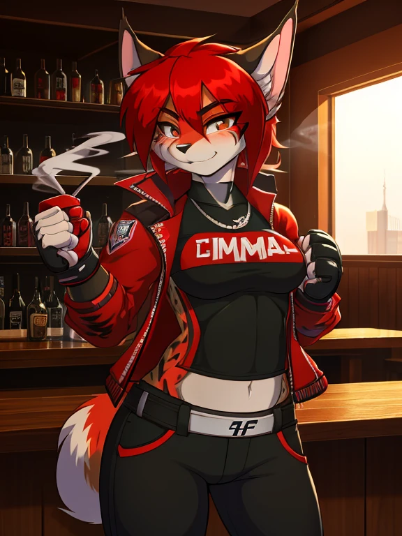 Anthropomorphic furry lynx girl, poison, Red hair, wearing a jacket with a smoke pattern on it, in black pants, hands in bandages, (((MMA fighter))), burn on left eye,   working in a bar as a bartender in anime style