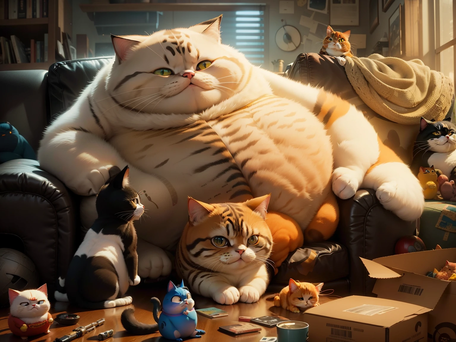 araffe sitting on a couch with a lot of junk on the floor, fat cat, chonker cat, fat cat superhero, fat cat on desk, paul lung, new cats movie, garfield the cat, pixar renderman render, obese ), a hyper realistic, exotic shorthair cat, frame from pixar movie, pixar 8 k photo