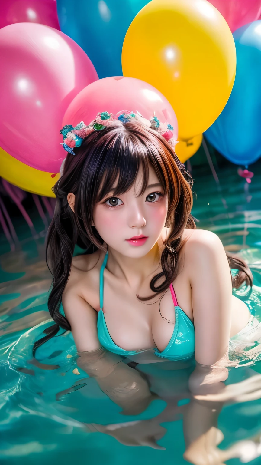 (masterpiece、highest quality、Official Art:1.2)、(colorful)、Who should watch it?'Looking、1 girl、Portraiture、alone、Colorful floating on water、Random sexy poses、peekaboo、Pun Pun、Cosplay、balloon