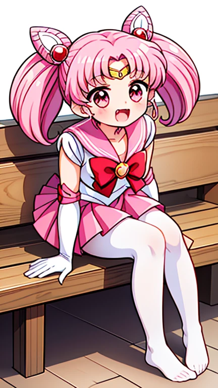 Sailor Moon，young年，，cute，（Little Loli），Pink hair twintails，short hair，Sailor Suit，red bow，White elbow gloves，Red Skirt，no shoes，Open your mouth，laughing out loud，Fangs，(White pantyhose),soles of feet，Soles，(young)，(little man)，sit