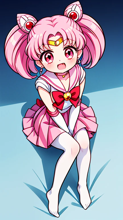 Sailor Moon，young年，Seven years old，cute，（Little Loli），Pink hair twintails，short hair，Sailor Suit，red bow，White elbow gloves，Red Skirt，no shoes，Open your mouth，laughing out loud，Fangs，(White pantyhose),soles of feet，Soles，(young)，(little man)，sit