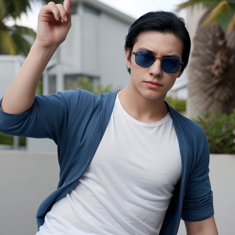 Boy in casual blue clothes with sun glasses. 24 very smart looking and strong. Slicked back black hair