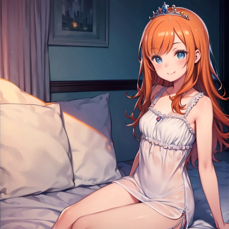 masterpiece, highest quality, dq Laura, tiara, Orange Hair, White camisole, View your viewers, smile, bedroom, bed, Sitting