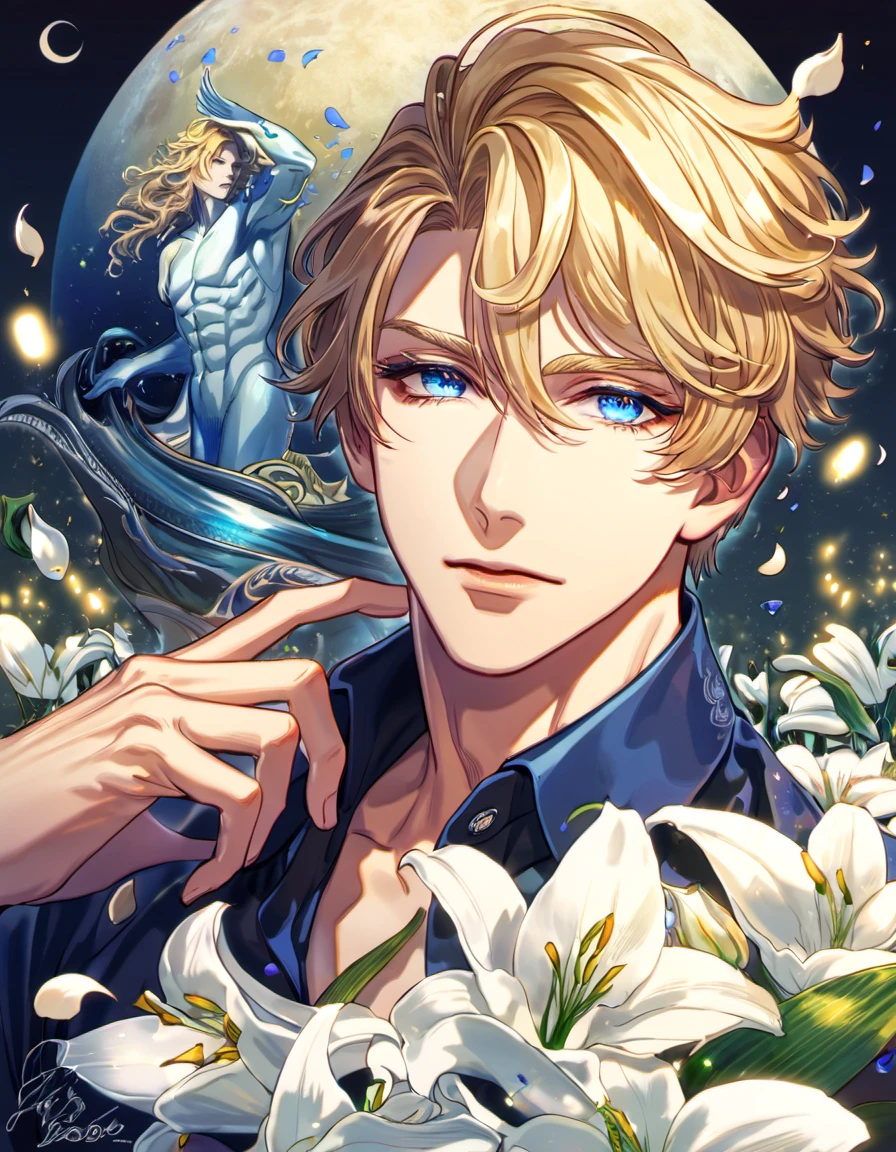 absurdres, highres, ultra detailed, HDR, master piece, best quality, Poseidon, blond hair, expressive blue eyes, Shuumatsu No Valkyrie, 1man, handsome, petals, white lilies, moon, fireflies