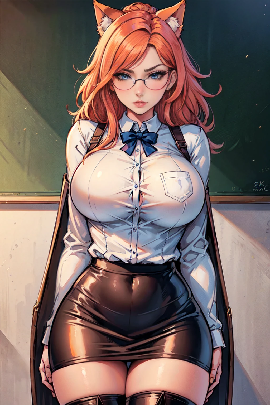 Masterpiece, beautiful art, professional artist, 8k, art style by sciamano240, very detailed face, detailed hair, detailed clothes, detailed fabric, 1girl, perfectly drawn body, beautiful face, long hair, light orange hair , very detailed blue cat eyes, wearing teacher clothes, thigh boots, pencil skirt, glasses, looking mad over glasses, pouty lips , rosey cheeks, school setting, detailed background, blackboard , show details in eyes, upclose view, looking at viewer, mad expression,