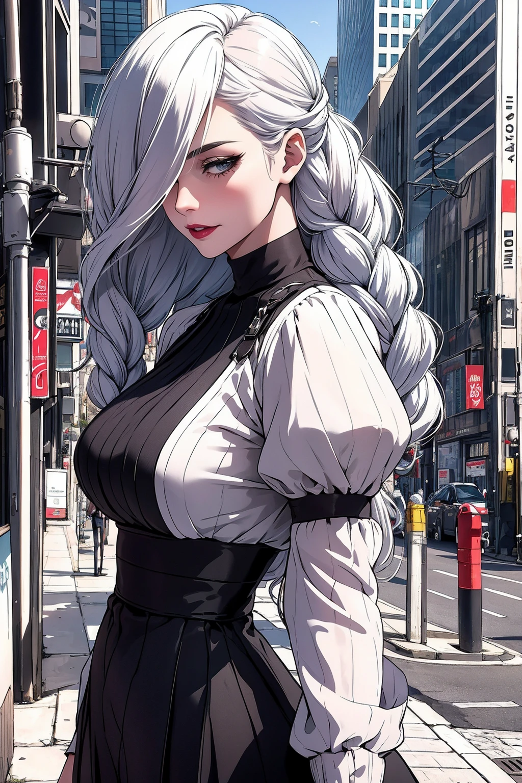 ultra realistic 8k cg, masterpiece, ((ultra detailed background, delicate pattern, intricate detail)), (highly detailed, fine details), best quality, 1girl, (photorealistic:1.4),beautiful lighting, absurdres, RAW photo, film grain, ((medium breasts, slim girl)), 1girl, MeiMei, solo, long hair, braid, dress, hair over one eye, smile, long sleeves, braided bangs, black dress, braided ponytail, white hair, puffy sleeves, holding, turtleneck dress, makeup, grey hair, red lips, one eye covered, lipstick, parted lips, single braid, (complex detailed background, outside, urban environment, cowboy shot, from behind),