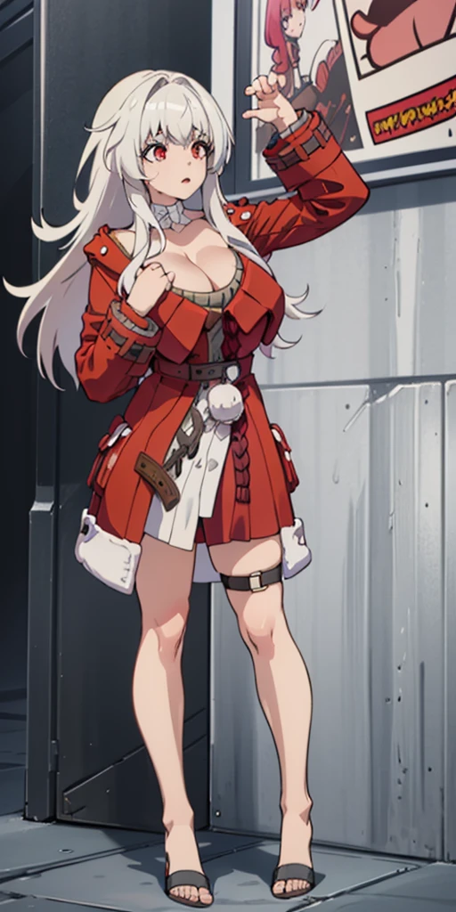 girl, full body, from head to toe, random movement, random pose, (Huge_Breasts:1.3),

klara,1girl,white hair,long hair,red eyes,red coat,white shirt,long sleeves, dress,thigh strap,

 a sexy cartoon girl with very large breasts