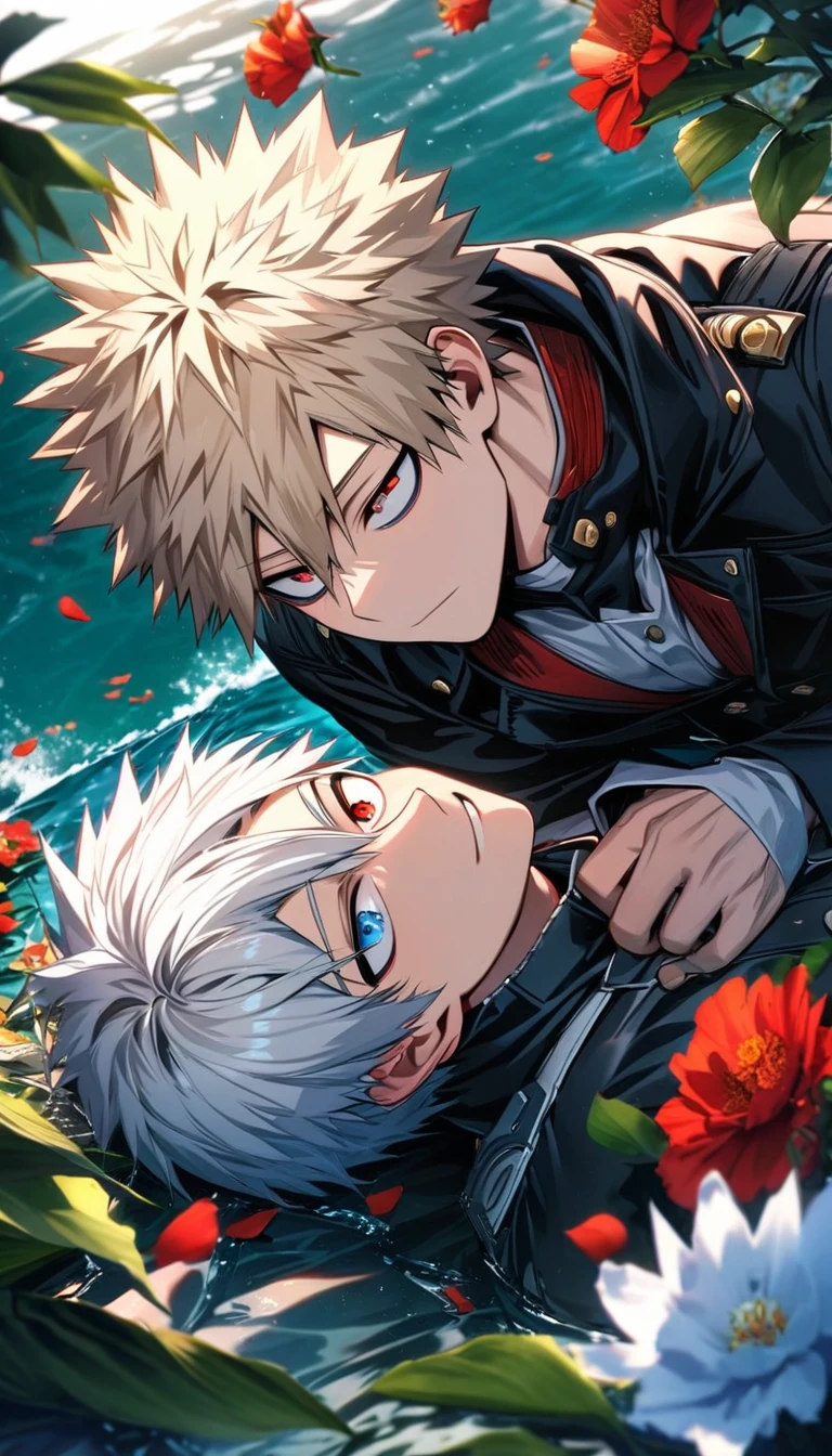 Ultra detailed, highres, absurdres, HDR, Todoroki Shoto, white hair, blue eyes, Bakugo Katsuki, ash blond hair, red eyes, Boku No Hero Academia, petals, window, chains, moon, 2 men together, gay couple, handsome, very detailed face and eyes, black coat, black scarf,