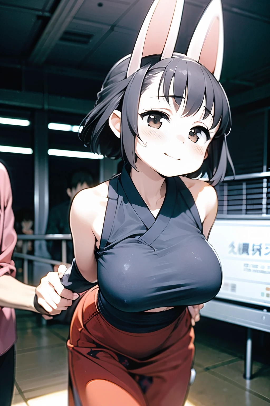(One Japan Girl)、masterpiece, 最high quality, high quality, High precision,Highly detailed 8K wallpapers、Innocence、minimum、(Couple Dating)、(amusement park)、(Exposed、Shoulder Bare、Sexy plain clothes、Oversized)、funデート、cuteWife、summer、Black clothes、With thick milk in my hands、Hands on cheeks、(Sweat running down your cheeks、Sweat trickling down my chest)、Holding hands、fun、honeymoon、(Embarrassed smile)、My arm is grabbed、amusement parkを楽しむ、defenseless、cuteイカ腹、Pure、Innocence、cute顔、cute、(Big Breasts:1.4)、Beautiful breasts、Breasts that seem to overflow from clothes、cute顔、No correction、adult、Slender、A Body That Knows Men、団地wife、(girl、woman、Voluptuous、Fox ears、Fox Tail、Black Hair、Shortcuts、Hair that grows to the shoulders、Slimming、beautifulなお腹、beautiful、美しいwoman)、(short girl、Wife、wife)、From in front of the camera、look up、Wipe away sweat