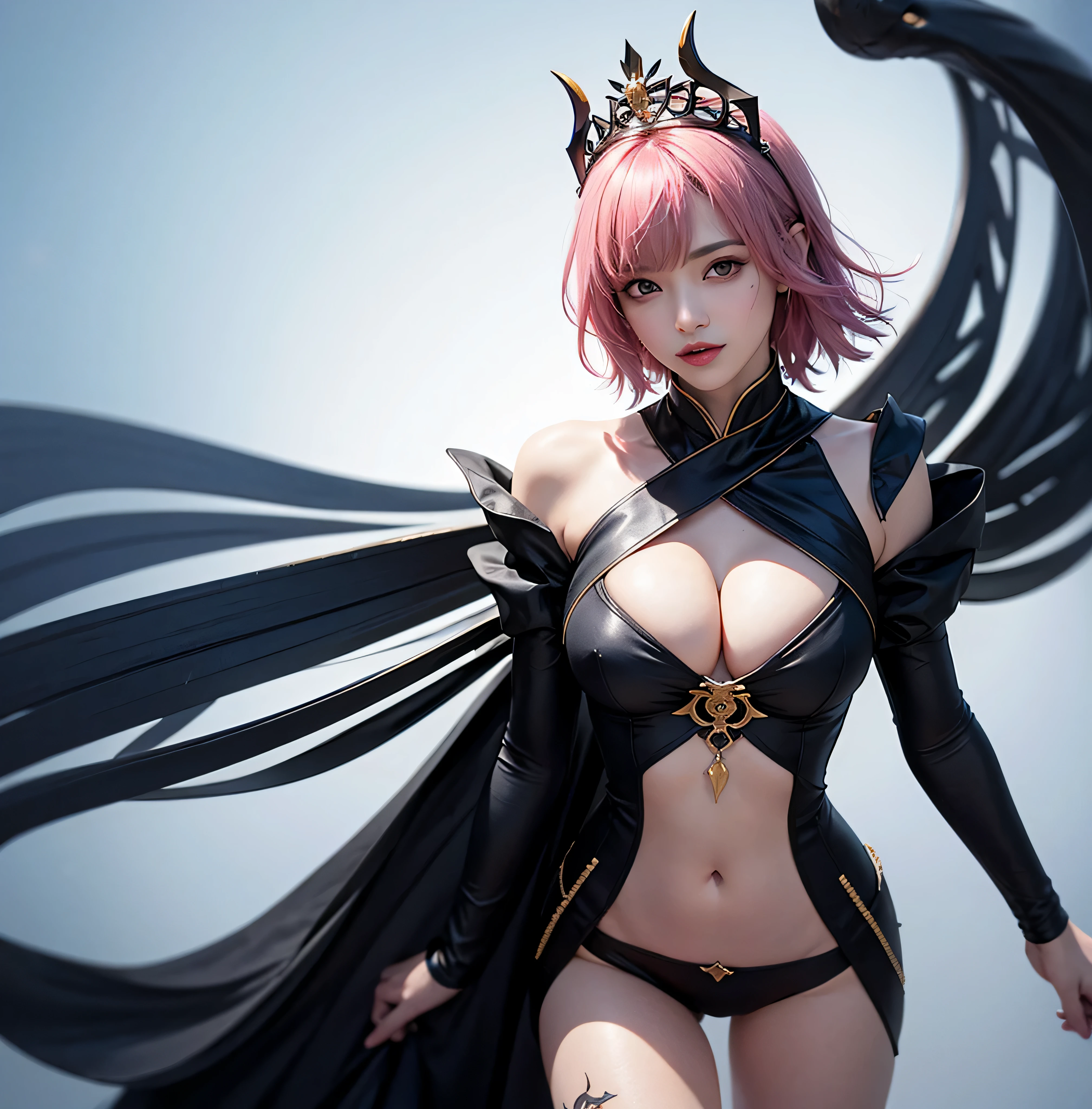 Masterpiece, top quality, pink hair, blue lightning, realistic, realistic details, high detail. Blue clothes. Blue Thunder. Blue crystal. Black suspended particles. Black smoke. Black crystals around. Black smoke wafts around. Warping the body. Warping the body. Horn. Darkness. Ochi Yami Yugi. Laugh. Very short. Boyish. Short hair. Short hair.
1 girl, beauty, , fine skin, anicos_No one,, navel, detached sleeves, bare shoulders, center opening, between breasts, breast, long fehair clip, blue hair ornament, thigh height,watch viewer,isekai, ochi yami play. Temptation. Brainkill. Tattoo. Demon Tail. Gold pattern at chest. Luminescent tattoo. Luminescent tattoo. Devil's wings. Black and gold tiara. Tiara. Complex and luxurious tiara. Smile. Luminescent blades.