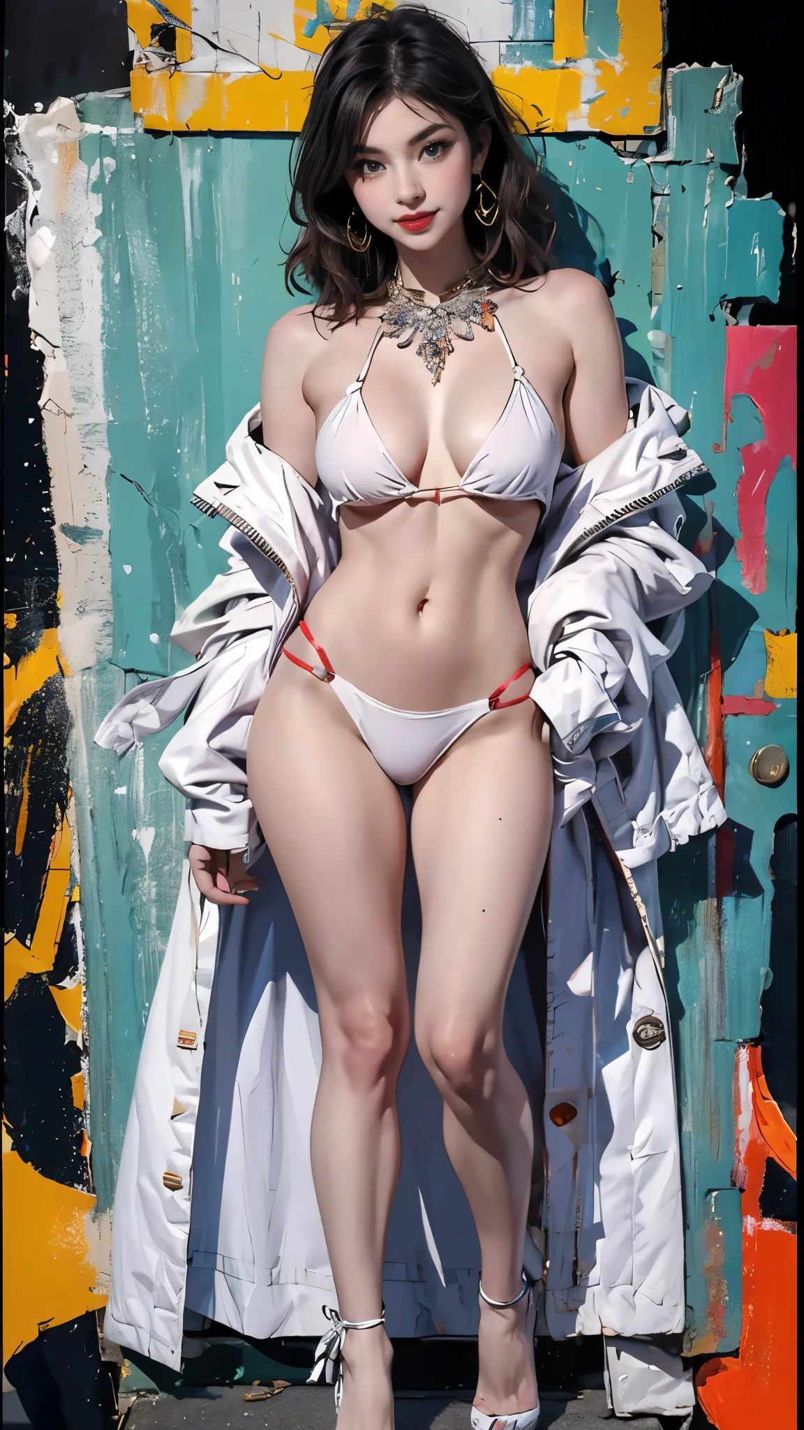 (best quality,4k,8k,highres,masterpiece:1.2), ultra-detailed,(realistic,photorealistic,photo-realistic:1.37), Vietnamese-American mix, ABGs, age 18, super hot, super sexy. She embodies the ultimate allure with her provocative outfit that leaves little to imagination. A master of seduction, she captures attention with her revealing attire that beautifully showcases her attractive physique. Her gaze is captivating, her smile, a silent invitation. Her neat hairstyle, well-manicured nails, chic footwear, dramatic makeup, seductive accessories, and confident posture all contribute to her irresistible charm. She exudes a vibrant aura, her youthful energy is palpable. The environment around her is equally tantalizing, with a keen focus on details that accentuates the atmosphere of seduction. She is a vision of unapologetic confidence and allure, a woman who knows her worth and isn't afraid to show it. Her movements are graceful yet provocative, each gesture a statement of her confidence and sensuality. ((intricate detail)), super finely detailed hands, ultra finely detailed fingers(((ten fingers))), (confidently posing), (full body showcase), (show full body), (no logos in the background), (no logo).