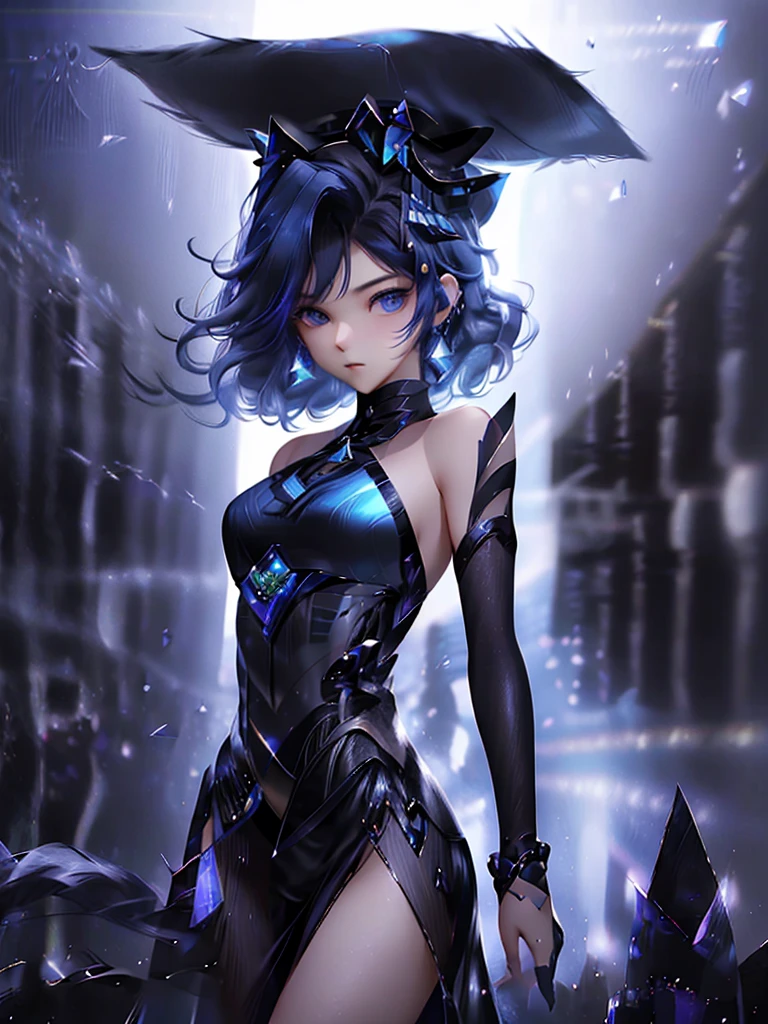 17-year-old girl、wearing a black elegant hat、Rune background、black magician、Wearing a black robe、mesmerize、cute woman、Elegant hairstyle、indigo hair color、Slightly shorter hair、blue eyes、look at the viewer、masterpiece、Best image、