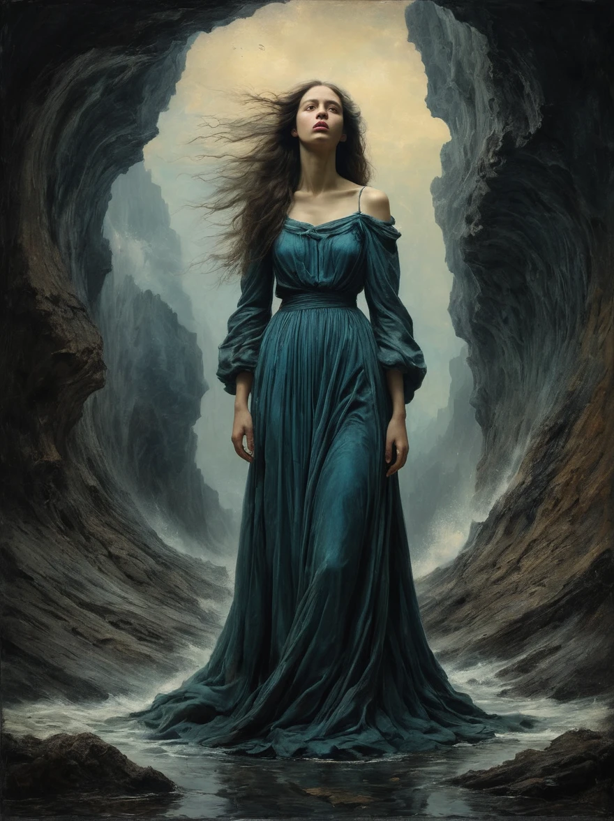 a sacrificial virgin woman, distressed expression, flower body decorations, beautiful detailed face and eyes, long eyelashes, airy sheer white dress, chained ankles, on a sacrificial nook on a cliffside, an eldritch beast with a slime blob body and many mouths approaching, dramatic lighting, dark moody atmosphere, cinematic composition, fantasy, dark fantasy art, muted color palette, chiaroscuro lighting, photorealistic, highly detailed, masterpiece
