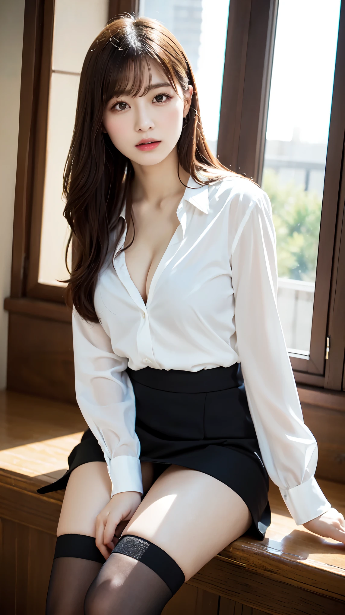 female secretary、formal, Black suit, (White shirt with a wide open chest), Roll up your black skirt to show off your thighs、(Ultra-realistic black stockings:1.3), sitting in a bay window, ((28-year-old female:1.ung and adorable Japanese face, Official Art,Highly detailed CG Unity 8k wallpaper,(masterpiece:1.0),(highest quality:1.0), Very detailed, photo shoot, 8k, nsfw, High resolution, Kodak Portrait 400, Film Grain, Lens flare brilliance,View the viewer