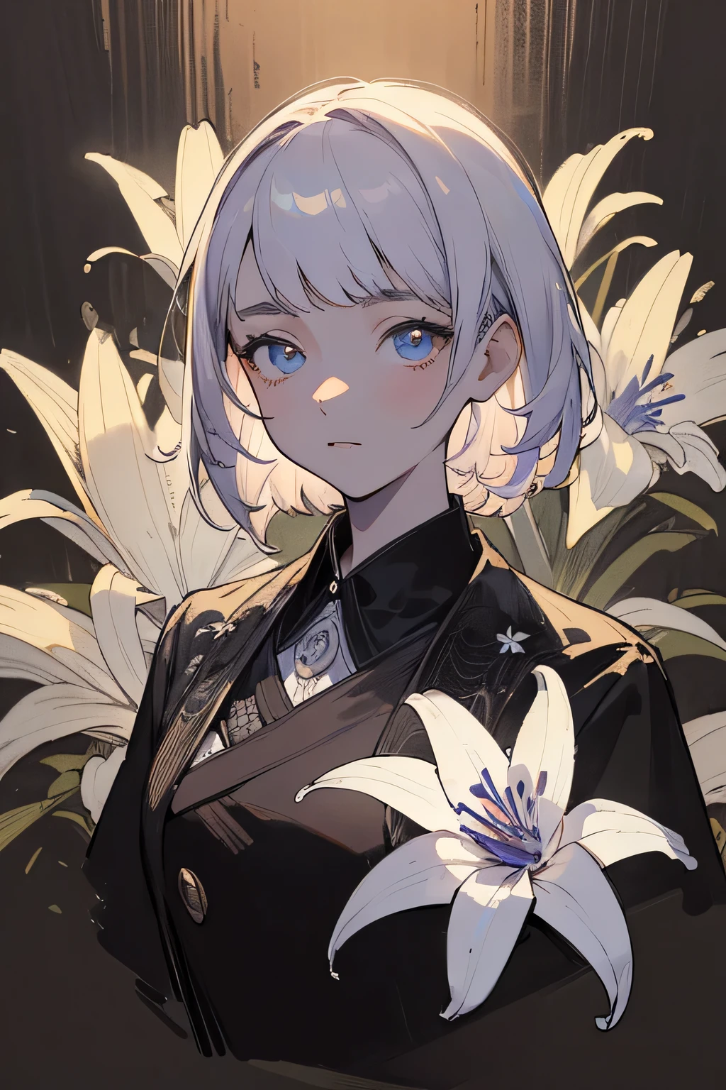 masterpiece, top quality, super detailed, high resolution, (ink painting style), excellent anatomy, 1 beautiful woman, ((lily-inspired aster pieces)), 8k, cinematic light, high contrast, written boundary depth, strong brilliance, detailed background, cute, fine grain, shining eyes, detailed iris, ((upper body:1.2)), best light, best shadow, mysterious, perfect face, highly detailed,