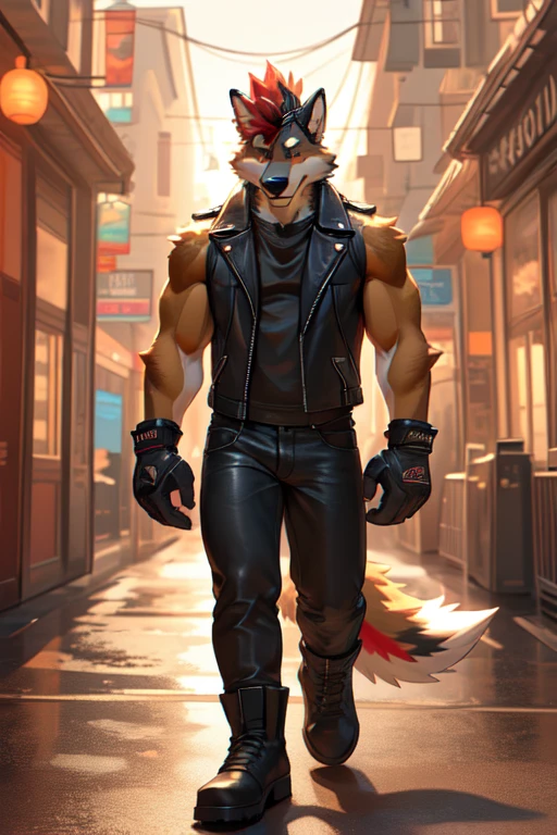((best quality)), ((masterpiece)), (detailed), perfect face, Bara Furry, Anthropomorphic wolfdog, 70% Wolf, 25% Tamaskan wolfdog, 5% Dingo, 6'7 and 233 lbs, 50" Chest, 21" Shoulders, 17" Biceps, 36" Waist, 25" thighs, 17" calves, 20" back, orange fur, red fur on tips of his ears, red fur at the end of his tail, red hair, mohawk hairstyle, red eyes, weaing sleeveless black leather biker vest, wearing white T-shirt with sleeveless ripped off, wearing black leather pants, wearing black leather boots, wearing black bandana around forehead, wearing red boxing gloves, Punk aesthetic, biker aesthetic, metropolitan statistical area, location based on Annapolis, Maryland, dynamic lighting, perfect shading, soft shading, soft colors, vivid colors, pastel colors