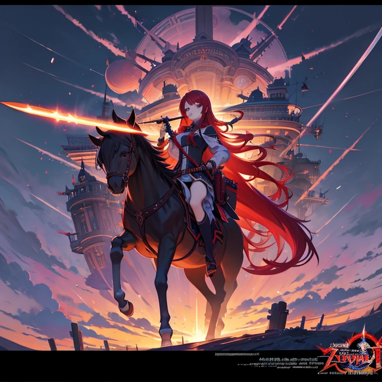 Long red haired anime girl riding a horse with a sword, Marin Kitagawa Fanart, Pirate Queen, Inspired by Le Chevalier, Rias Gremory, Marisa Kirisame, nobutaka ike, Official Art, zerochan art, Erza Scarlett as a real person,