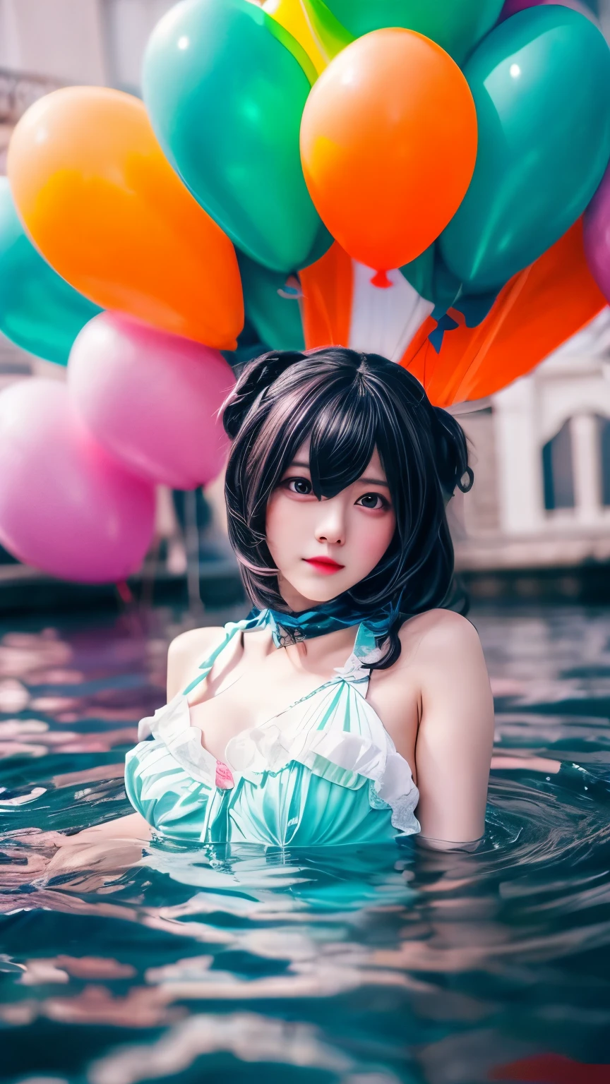(Obra maestra), (La mejor calidad), (Ultra detallado), (cabello despeinado), (illustration), (Una chica), (Ropa de latexrosa), En pie, Modelo de moda, Mirando al espectador, (entrevista), (Fondo globos al aire), hermosos ojos finos, cara delicada, flotante, (high saturation), (salpicaduras coloridas), burbujas grandes de colores, (resplandecer), focus on face,