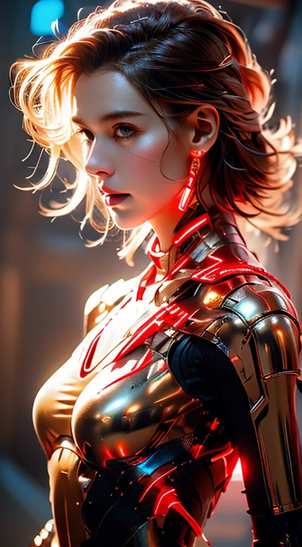 Virtual image,Realistic 8K visuals,hips up,Masterpiece,Highest quality,Maximum details,perfect anatomy,Complete dynamic composition,Light that is comfortable for the eyes,Light hits from the side..,Young woman wearing brown hair,alone,Cybernetics,Complex machines,Metallic white and red body_gold,The unit has a large neon light on the chest..,Red and white bikini body,morning.