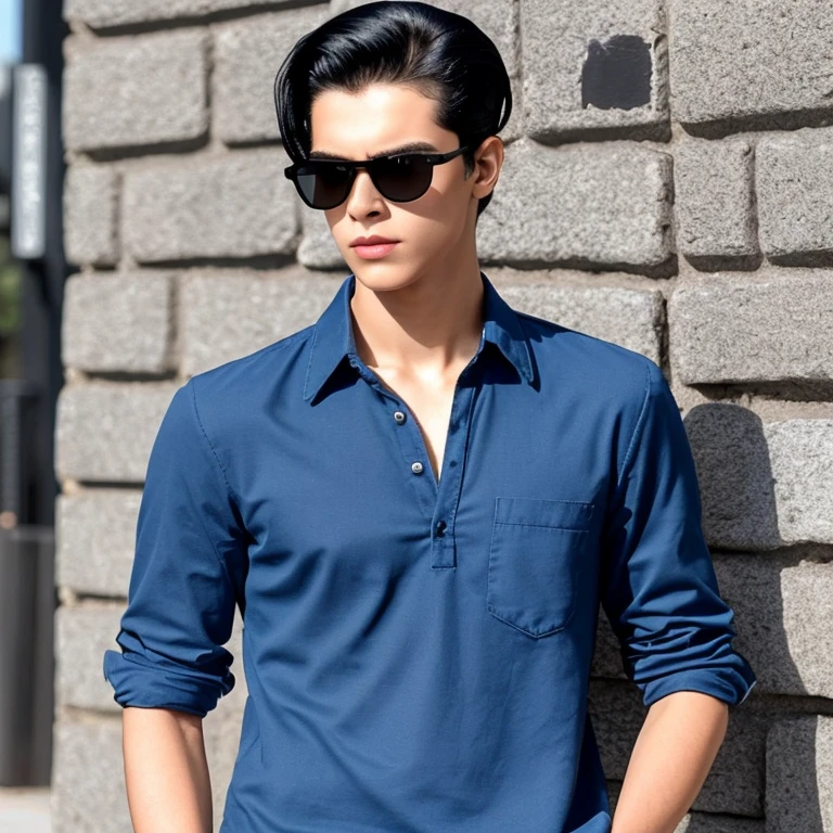 Boy in casual blue clothes with sun glasses. 24 very smart looking and strong. Slicked back black hair