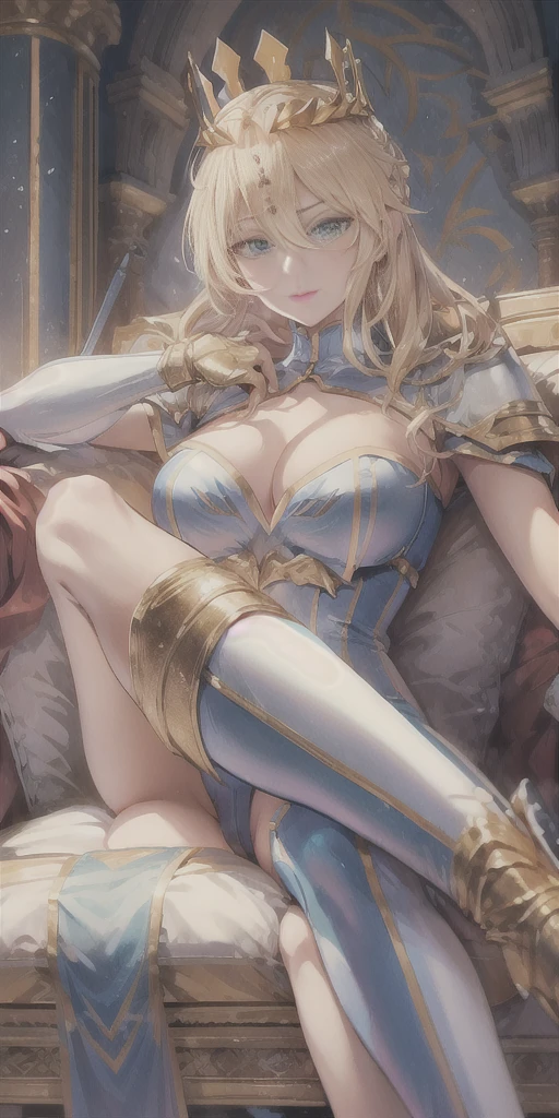 (best quality, highres), portrait, artoria pendragon lancer, adult woman, green eyes, artoriaLancer, braid, crown, turtleneck, cleavage cutout, sleeveless, blue leotard, gauntlets, sit on bed, royal chamber