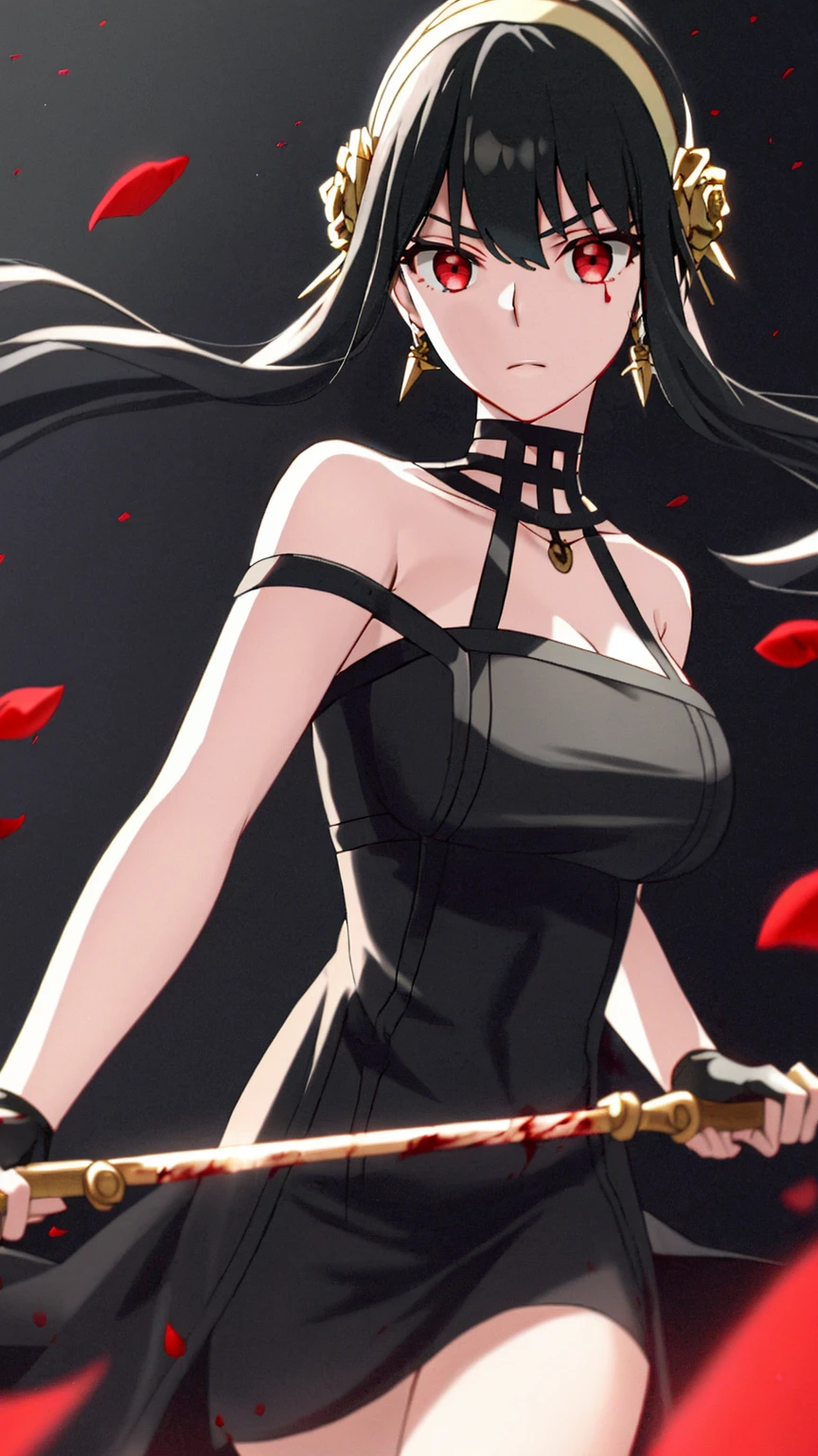 yor briar,

1girl, backlighting, bare shoulders, black background, black dress, black gloves, black hair, blood, blood on face, blood on weapon, breasts, closed mouth, cowboy shot, dress, earrings, expressionless, fingerless gloves, floating hair, floral print, flower, gloves, gold earrings, gold hairband, hair flower, hair ornament, hairband, holding, holding weapon, jewelry, large breasts, light particles, long hair, looking at viewer, off-shoulder dress, off shoulder, petals, red eyes, rose, rose petals, rose print, short hair with long locks, sidelocks, solo, spikes, thighs, two-sided dress, two-sided fabric, weapon

, ((masterpiece))