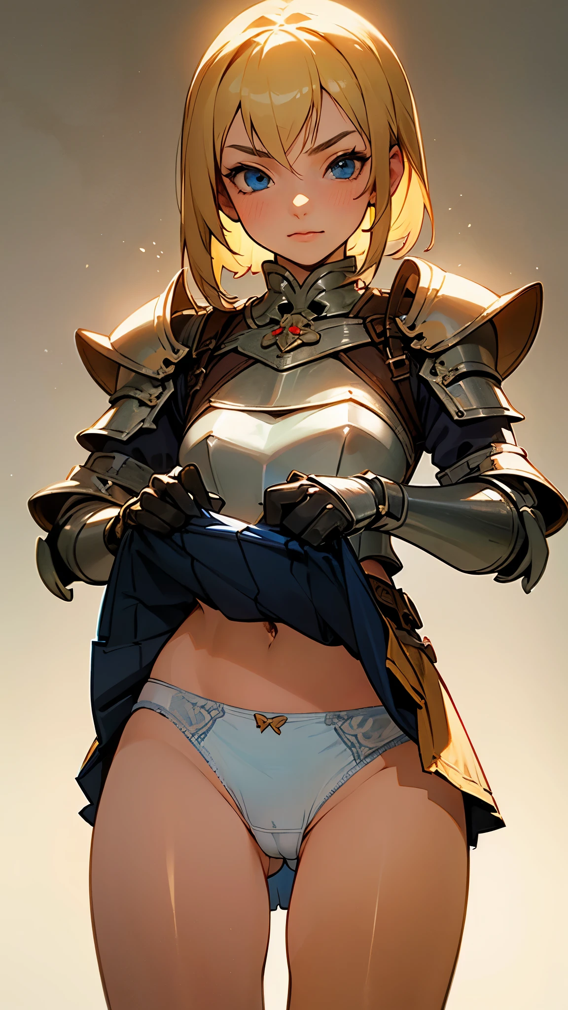 (female warrior: 1.5), (blonde warrior girl: 1.3), 1 girl, solo, pretty girl, young girl, (blonde hair), (blue eyes), thin girl, small breasts, pretty face, slim waist, thin legs , gap between thighs, (knight's armor), (steel breastplate, steel gauntlets, steel gloves: 1.1), (blue mini skirt: 1.3), (skirt lifted by itself: 1.1), (skirt lift: 1.3), (showing white panties: 1.3), white panties, tiny panties, (cameltoe: 1.2), frontal, (cowboy shot), medieval fantasy, Dungeons and dragons, RPG character, best quality, (masterpiece), ultra-realistic, 8k, (At SFW:1.7)