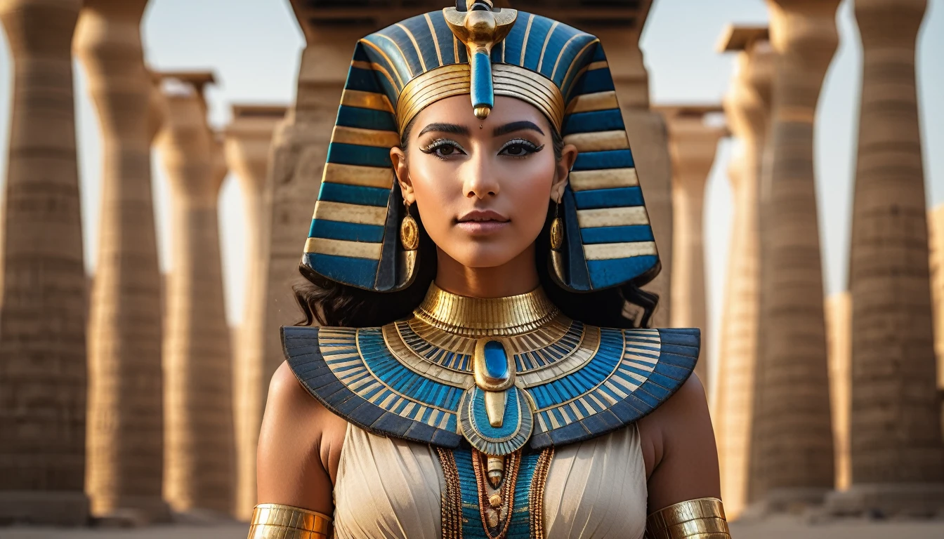 professional full length RAW photograph of a young Egyptian goddess Hathor in Luxor, charming symmetrical look, cute natural makeup, ((photorealistic)), hyperrealistic, lifelike, extremely high detail, sharp focus, modelshoot style, retro style, (cinematic lighting), volumetric light, high quality, (film grain), professionally color graded, highly detailed, UHD, DSLR, depth of field, Fujifilm XT3, f/2, 100mm, 8k