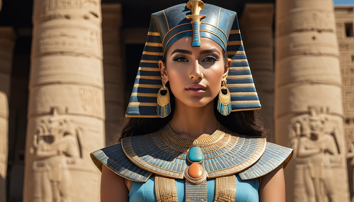 professional full length RAW photograph of a young Egyptian goddess Hathor in Luxor, charming symmetrical look, cute natural makeup, ((photorealistic)), hyperrealistic, lifelike, extremely high detail, sharp focus, modelshoot style, retro style, (cinematic lighting), volumetric light, high quality, (film grain), professionally color graded, highly detailed, UHD, DSLR, depth of field, Fujifilm XT3, f/2, 100mm, 8k