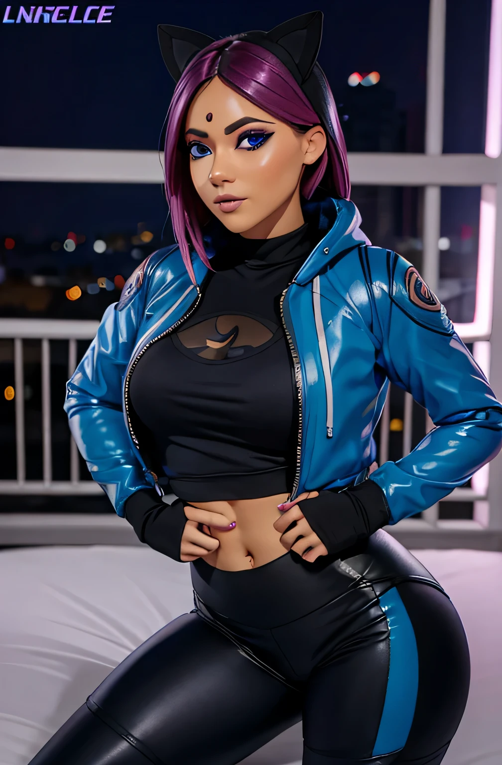 Vermeil, secubus, 27 year old woman has black horns, has a devil's tail, short hair, two-colored hair. blue hair, purple hair tips, multicolor, red eyes, beautiful woman, beautiful, perfect body, perfect breasts, wearing a white Adidas hoodie, black jogger pants, wearing light blue Nike Jordan shoes, at the gym, barbell, looking at the audience, little smile, realism, masterpiece, textured skin, super detailed, high detail, high quality, best quality, 1080p, 16k