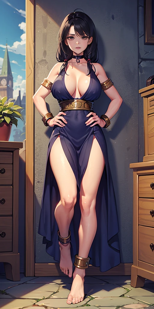 full body, barefoot, solo, female, big breast ,linen tunic, fantasy village, armor, Handcuffs on their hands, With a collar around the neck, hands on hips, slave, ((black choker, shackles on legs and arms))