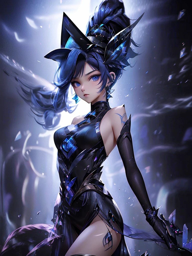 -yeld giwearing a black elegant hat、Rune background、black magician、Wearing a black robe、mesmerize、cute woman、Elegant hairstyle、indigo hair color、Slightly shorter hair、blue eyes、look at the viewer、masterpiece、Best image、