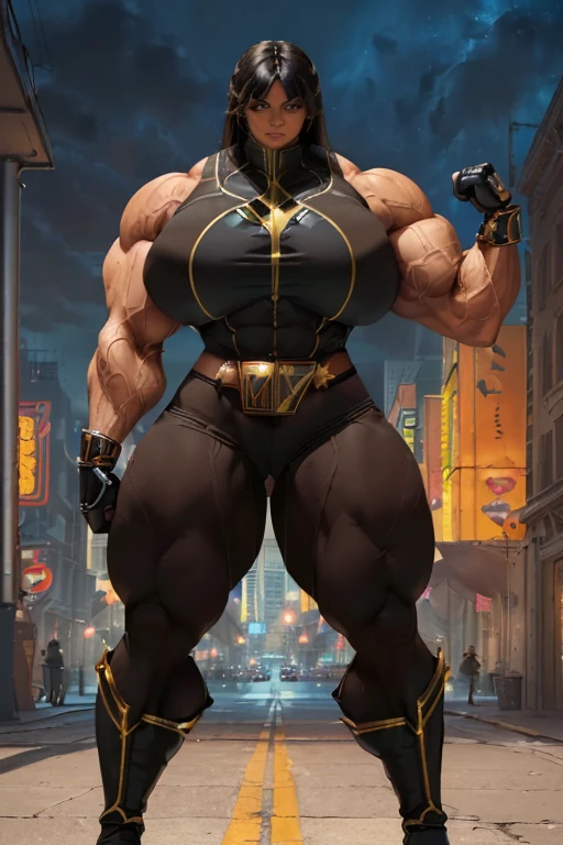 ((((Massive, beautiful, buff, light brown skinned muscular woman with black hair, ginormous bulky muscles and wearing a black power ranger suit with tight pants)))), close view, (massive muscle), (massive biceps), (straight long hair), orange eyes, hero gloves, spiked gauntlets, high heels boots, city, at night, confident smile